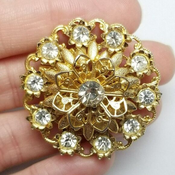 Vintage Rhinestone and Gold Tone Filigree Round Brooch, Floral Radiant Shape - Picture 1 of 6